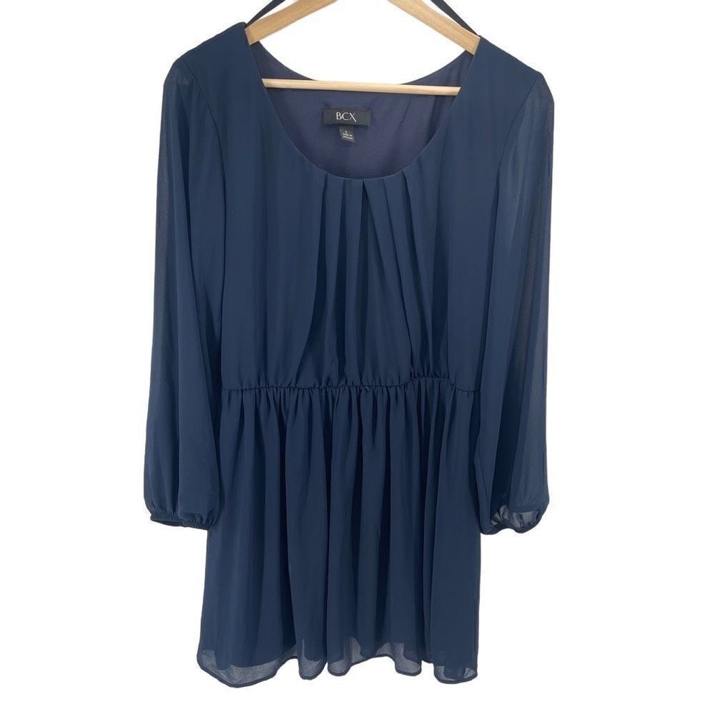 BCX Womens Long Sleeve Dress Pleated Mini Lined Chiffon Navy Blue Large
